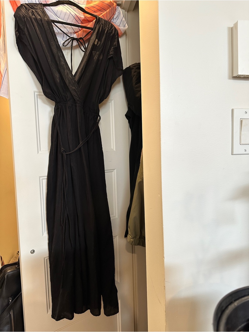 100% Cotton Black V-Neck Maxi Dress with Tie Back